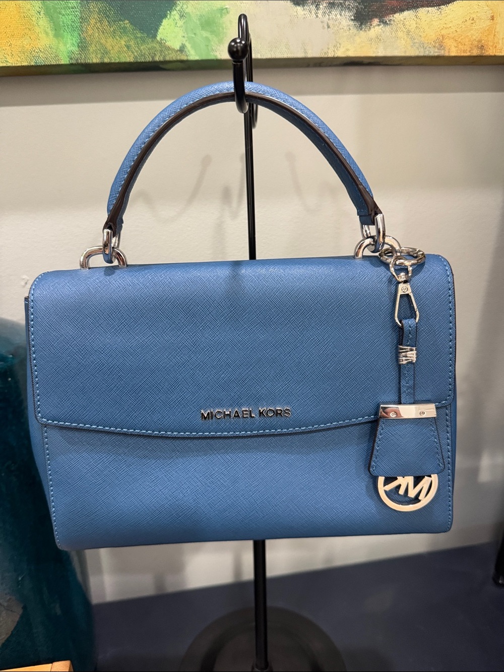 Michael Kors Ava Rich Blue Saffiano Leather Crossbody with top handle.